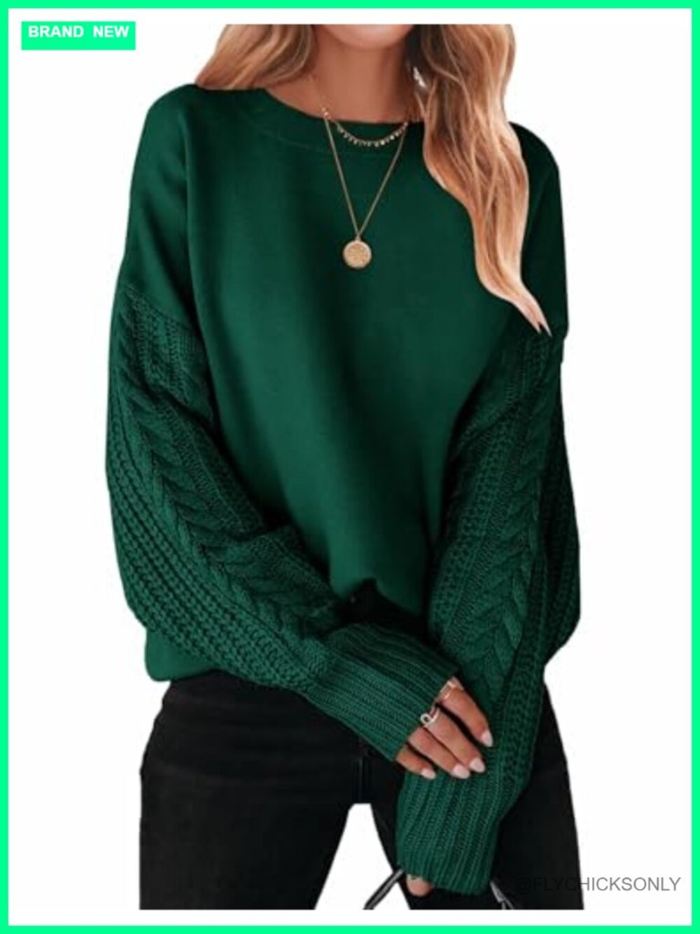 Cable Knit Oversized Tunic Sweater Drop Shoulder Crew Neck Pullover